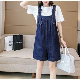 Short-sleeve T-shirt / Wide Leg Denim Dungaree Shorts
