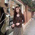 Plain V-neck Single-breasted Long-sleeve Cardigan / Floral High-waist Skirt