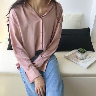 Plain Loose-fit Long-sleeve Long Shirt