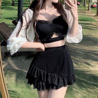 Set: Long-sleeve Two-tone Swim Top + Swim Skirt