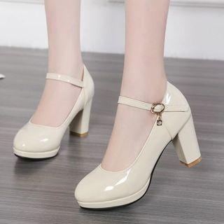 Round Toe Ankle Strap Chunky Heel Pumps