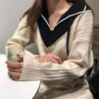 Color-block V-neck Long-sleeve Dress