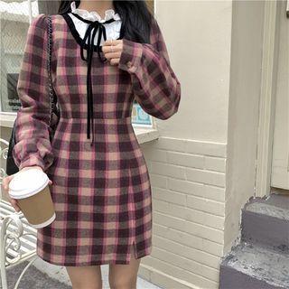 Long-sleeve Plaid Mini Sheath Dress Pink & Coffee - One Size