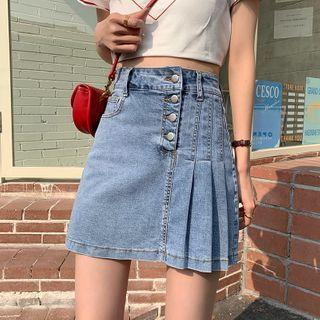 Denim High-waist A-line Panel Pleated Skirt