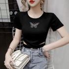 Butterfly Print Cutout Cropped T-shirt