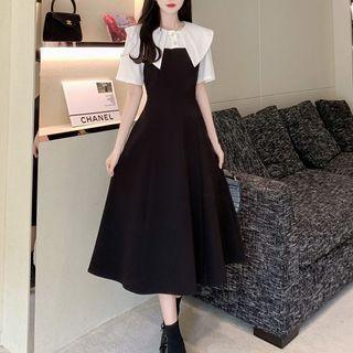 Mock Two-piece Short-sleeve Collar Midi A-line Dress