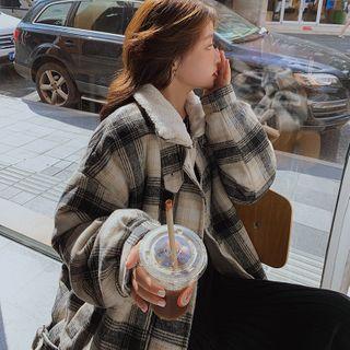 Fleece-lined Stand-collar Plaid Jacket