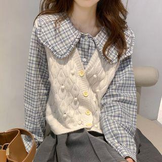 Long-sleeve Peter Pan-collar Plaid Shirt / Button-up Knit Vest