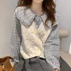 Long-sleeve Peter Pan-collar Plaid Shirt / Button-up Knit Vest