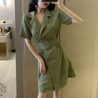 Elbow-sleeve Double-breasted Mini A-line Blazer Dress Army Green - One Size