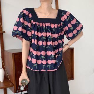 Puff-sleeve Square Neck Cherry Print Blouse As Shown In Figure - One Size