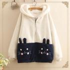 Cat Embroidered Color Panel Hooded Zip Jacket