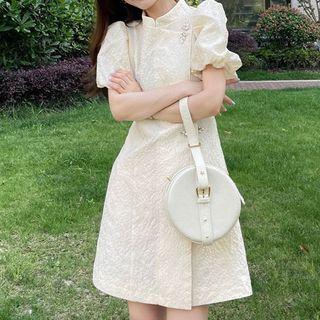 Puff-sleeve Faux Pearl Asymmetrical A-line Dress
