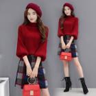 Set: Mock-neck Cropped Sweater + Check Buckled A-line Skirt