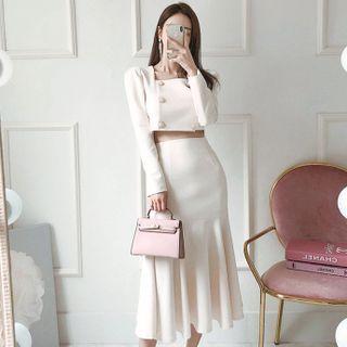 Set: Long-sleeve Square-neck Top + Midi Mermaid Pencil Skirt