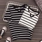 Short-sleeve Striped Notch Neck T-shirt