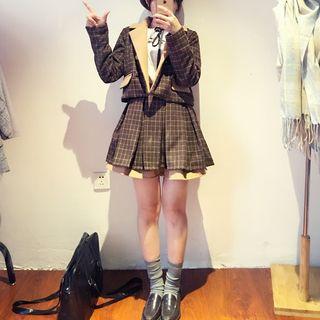 Set: Plaid Double Breasted Notch Lapel Coat + Plaid Pleated Skirt