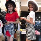 Set: Short Sleeve Long T-shirt + High-waist Split Striped Skirt