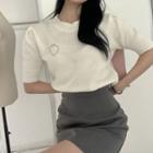 Puff-sleeve Heart Embroidered Sweater Off-white - One Size