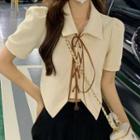 Short-sleeve Collar Lace-up Top / Long-sleeve Top / Pleated Mini A-line Skirt