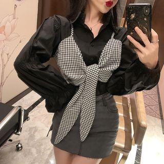 Set: Puff-sleeve Shirt + Spaghetti Strap Plaid Top