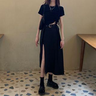 Short-sleeve Drawstring Crop Top / Slit-hem Midi A-line Skirt