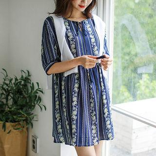 Tie-neck Patterned Empire Dress