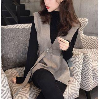 Mock-neck Top / Wool Vest With Sash