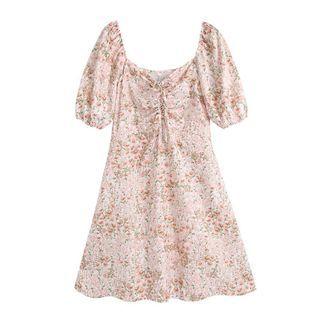 Puff-sleeve Square-neck Ruched Floral Dress