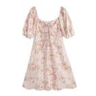 Puff-sleeve Square-neck Ruched Floral Dress