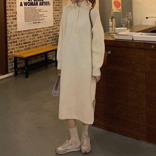 Long-sleeve Mock-neck Half-zip Knit Midi Dress