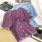 Short-sleeve Butterfly Embroidered Buttoned Knit Top