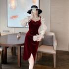 Puff-sleeve Velvet Slit Sheath Dress