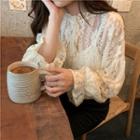 Long-sleeve Frill Trim Lace Buttoned Top Almond - One Size