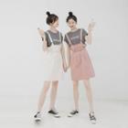 Set: Short-sleeve Lettering T-shirt + Mini A-line Suspender Skirt