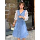 Elbow-sleeve Panel Denim Button A-line Dress