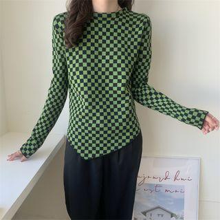 Long-sleeve Check Irregular Slim-fit Top