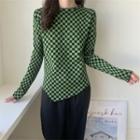 Long-sleeve Check Irregular Slim-fit Top