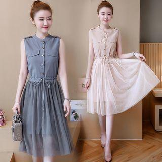 Set: Buttoned Sleeveless Dress + Mesh Drawstring A-line Skirt