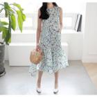 Sleeveless Frill-hem Floral Long Dress