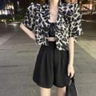 Short-sleeve Leopard Blazer / High-waist Plain Wide-leg Shorts