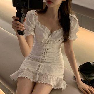 Puff-sleeve Ruffled Lace-up A-line Dress