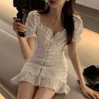 Puff-sleeve Ruffled Lace-up A-line Dress