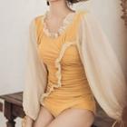 Long-sleeve Two-tone Shirred Swimsuit