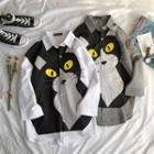 3/4-sleeve Cat Print Shirt