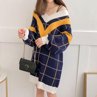 V-neck Plaid Long-sleeve Knit Dress