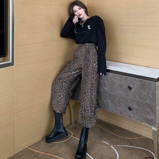 Puff-sleeve Loose T-shirt / Leopard-print Loose Jogger Pants
