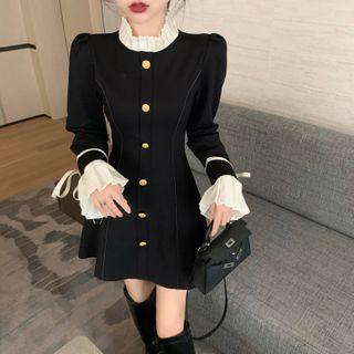 Bell-sleeve Mock-neck Mini A-line Dress