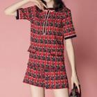 Set: Short-sleeve Patterned Knit Top + Patterned Knit Shorts As Shown In Figure - One Size