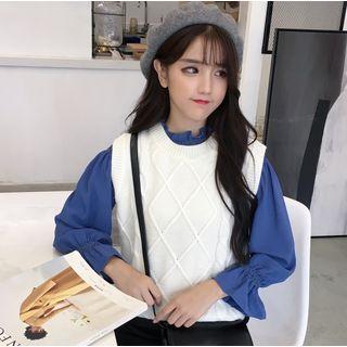 Trumpet Cuff Blouse / Knit Vest / Pleated Hem A-line Mini Skirt